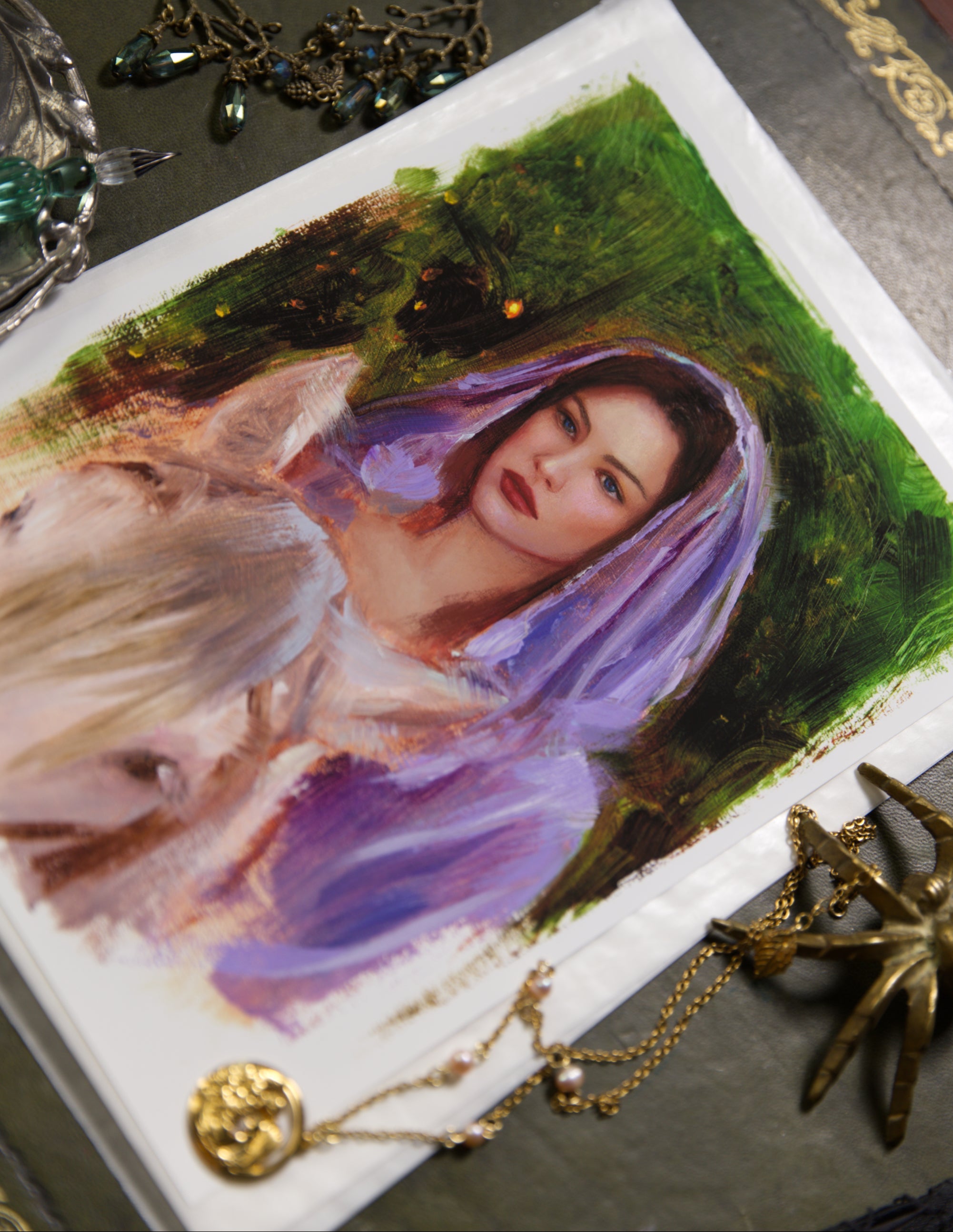 Artistic depiction of a woman with a purple scarf on a textured surface with jewelry.